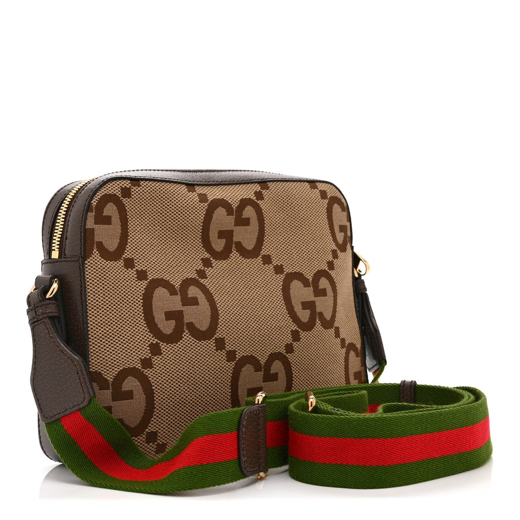 Monogram Jumbo GG Textured Dollar Calfskin Web Messenger Shoulder Bag Camel Ebony New Acero