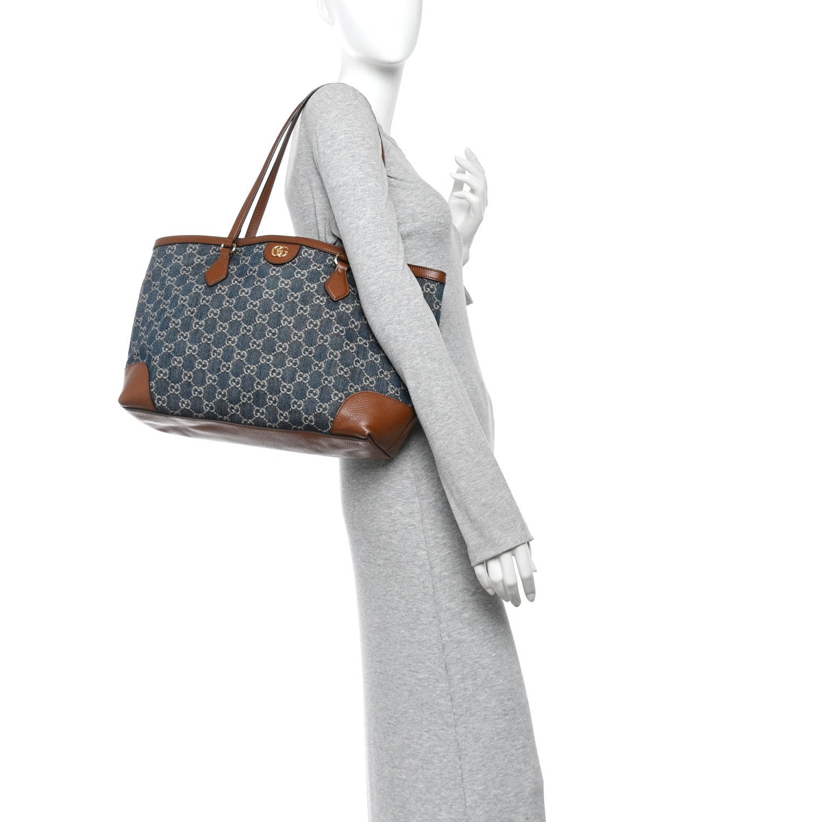 New Denim GG Monogram Medium Ophidia Shopping Tote Blue Tea Cuir