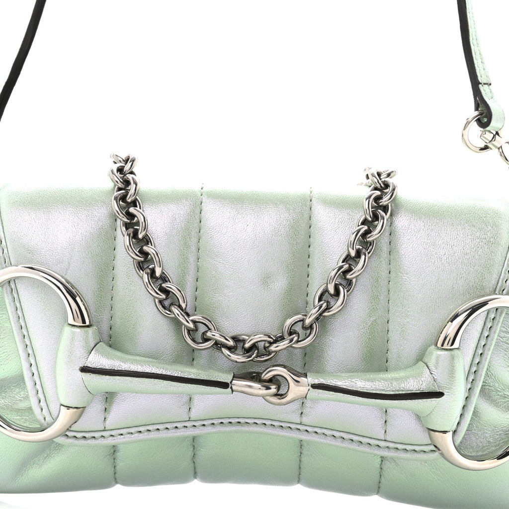 Iridescent Nappa Vertical Matelasse Small Maxi Horsebit Chain Shoulder Bag Iridescent Salvy Green