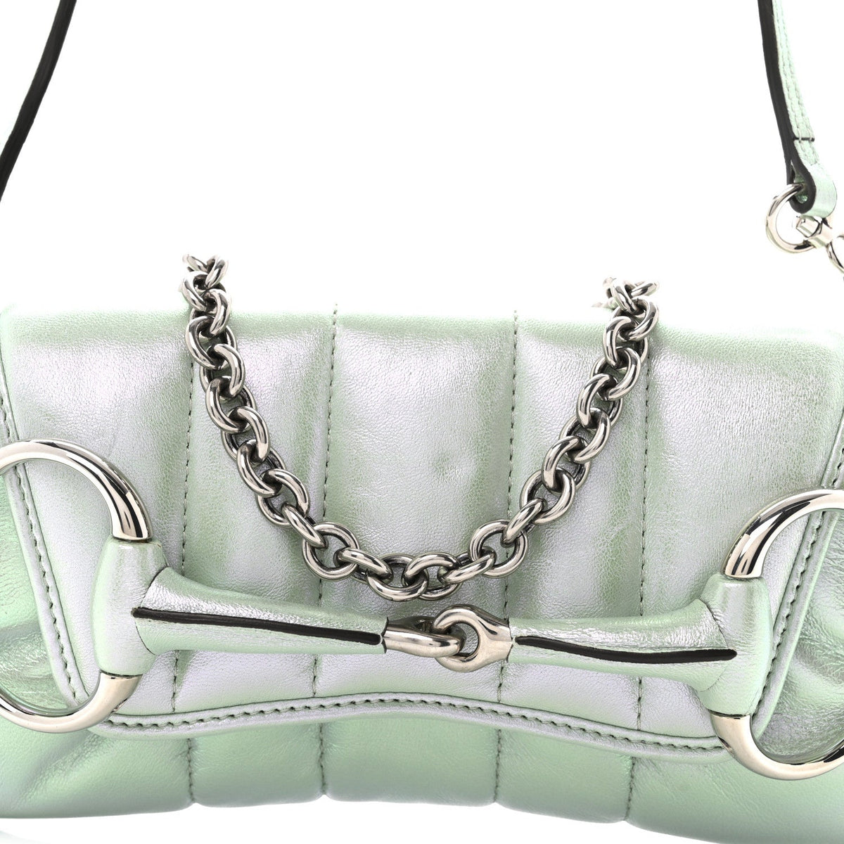 Iridescent Nappa Vertical Matelasse Small Maxi Horsebit Chain Shoulder Bag Iridescent Salvy Green
