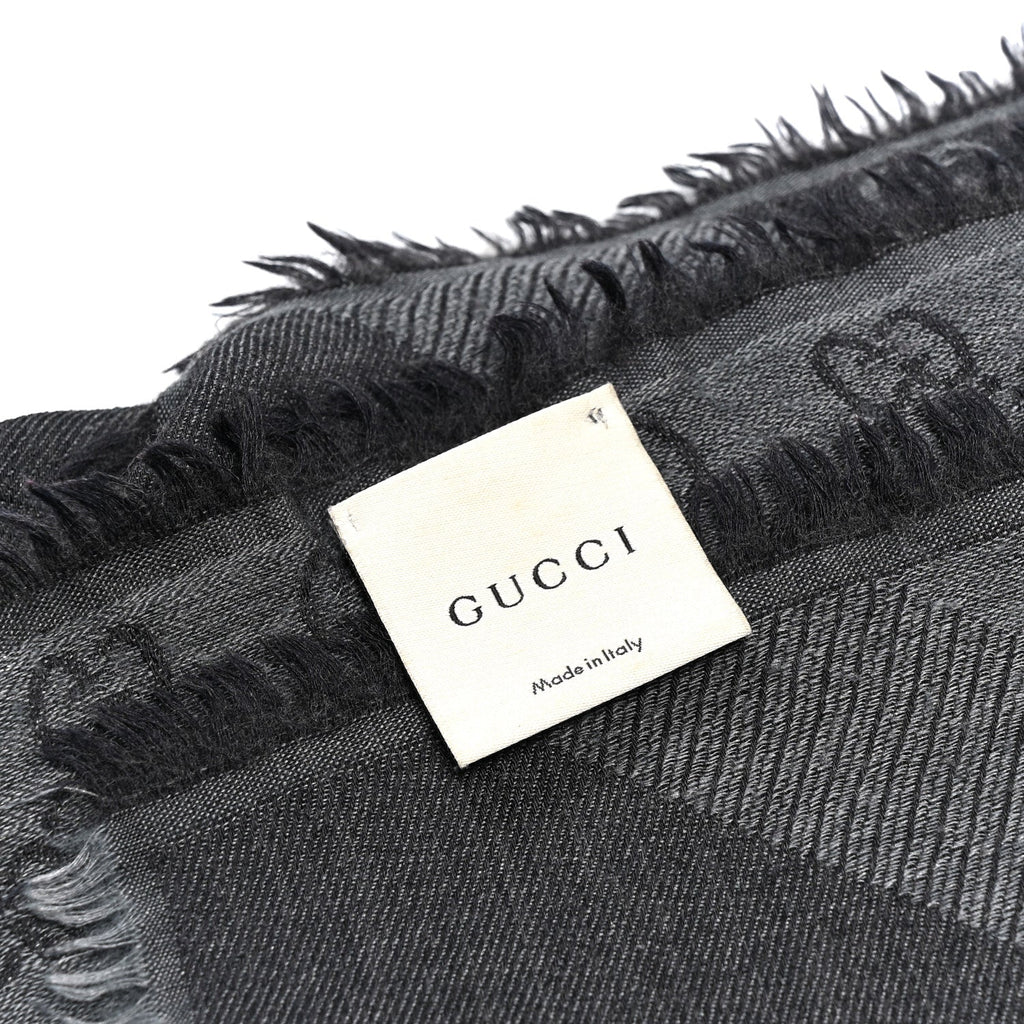 Wool Silk Monogram GGWeb Fringe Shawl Grey