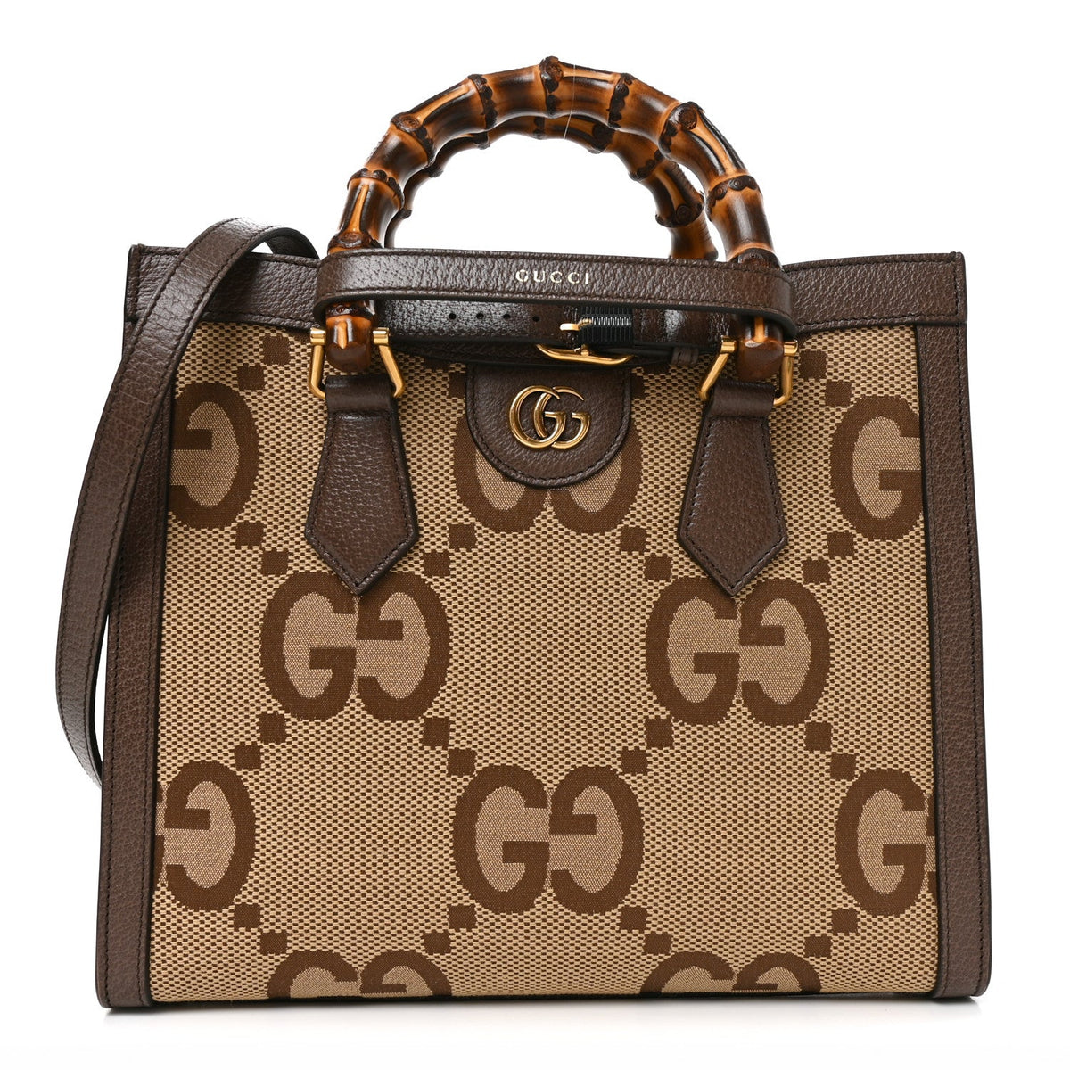 Monogram Jumbo GG Textured Dollar Calfskin Small Diana Tote Bag Camel Ebony New Acero