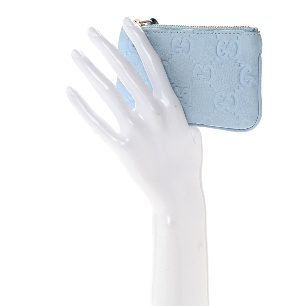 GG Grainy Calfskin Emblem Zip Key Case Light Blue