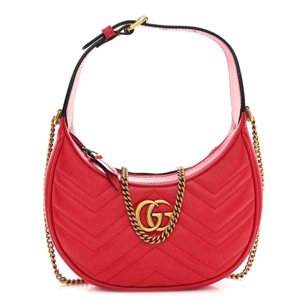 Calfskin Matelasse Chevron Mini GG Marmont Half Moon Hobo Rosso