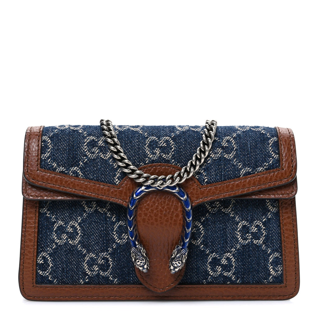 New Denim GG Monogram Dollar Calfskin Enamel Super Mini Dionysus Shoulder Bag Blue Tea Cuir Epilog Electric Blue