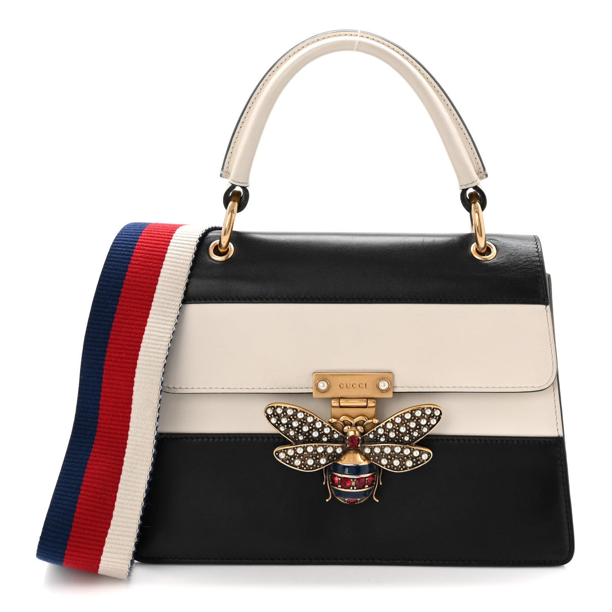 Calfskin Sylvie Web Small Queen Margaret Top Handle Bag Black White