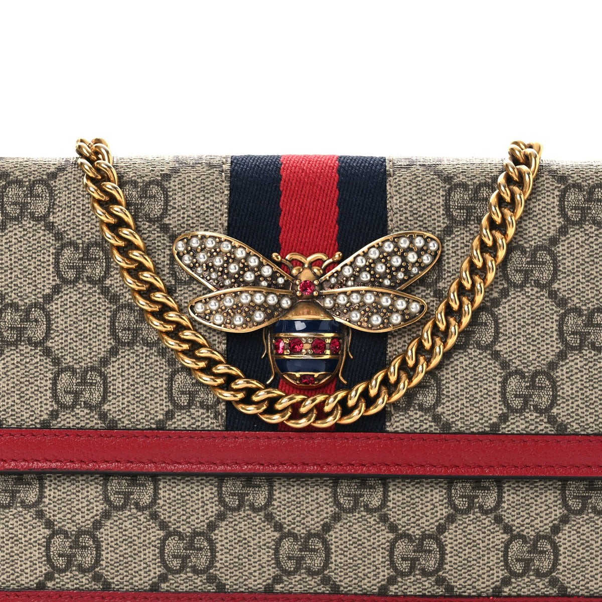 GG Supreme Monogram Web Queen Margaret Chain Wallet Red