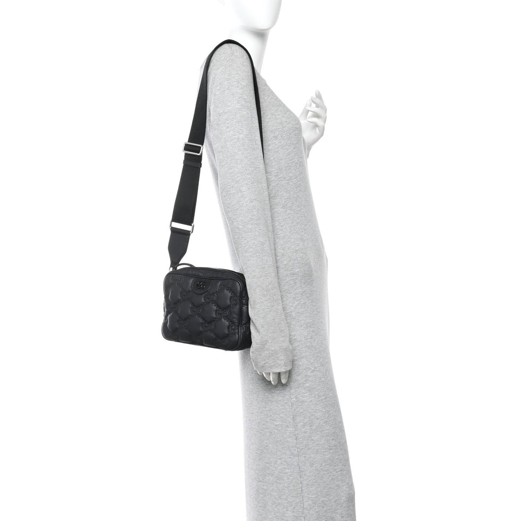Nylon Calfskin Enamel GG Matelasse Shoulder Bag Black