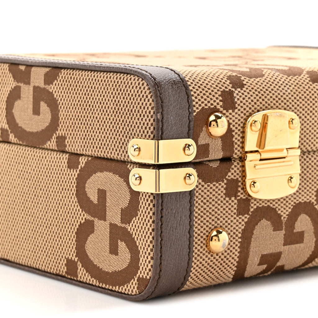 Monogram Jumbo GG Textured Dollar Calfskin Top Handle Beauty Case Camel Ebony New Acero