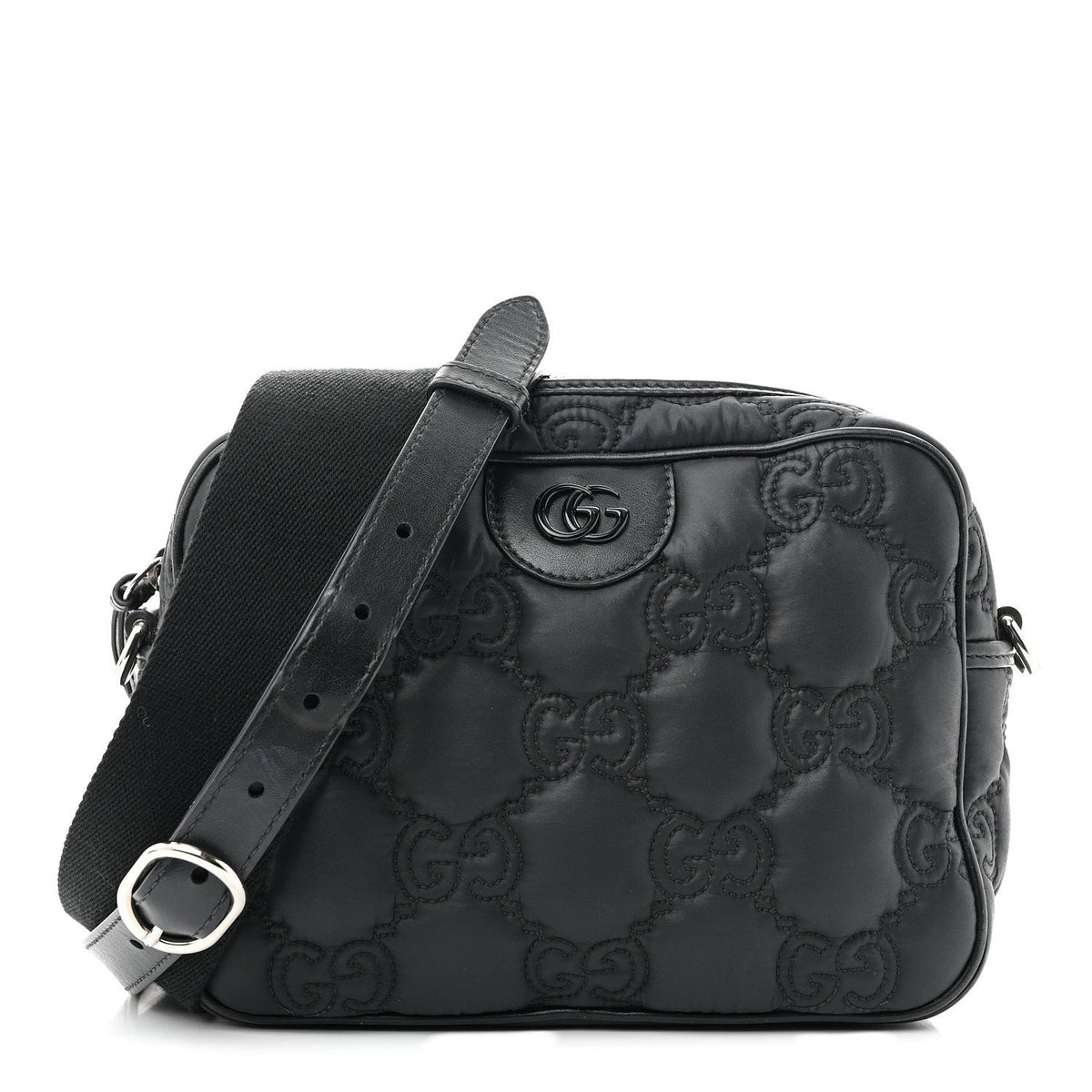 Nylon Calfskin Enamel GG Matelasse Shoulder Bag Black