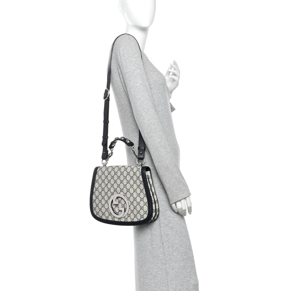 GG Supreme Monogram Textured Dollar Calfskin Web Medium Blondie Top Handle Shoulder Flap Bag Beige Blue