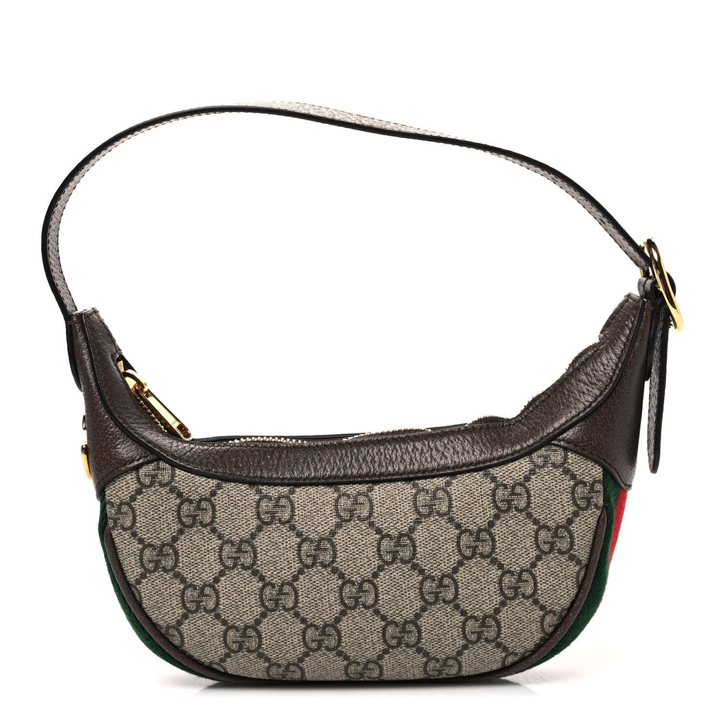 GG Supreme Monogram Textured Calfskin Web Mini Ophidia Half Moon Hobo Beige Ebony New Acero