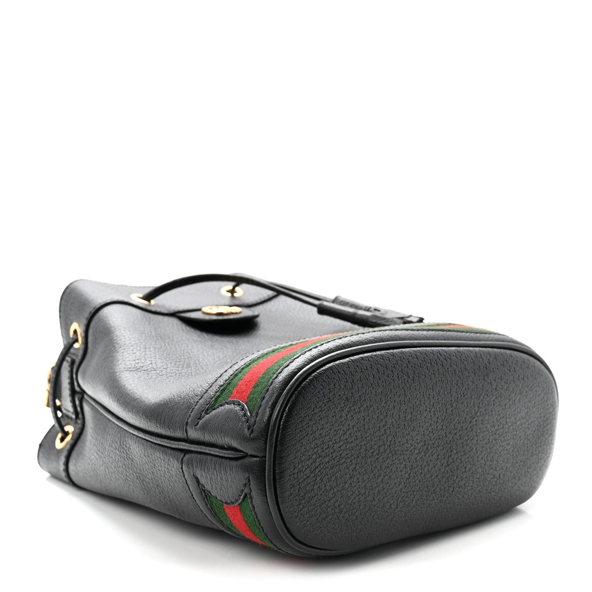Glazed Textured Calfskin Web Small Ophidia Bucket Bag Black