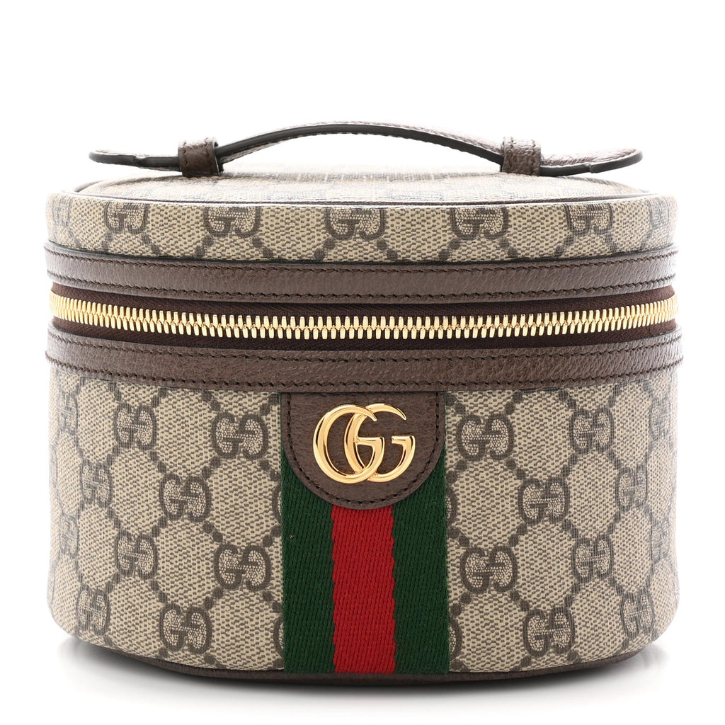 GG Supreme Monogram Textured Calfskin Web Ophidia Vanity Cosmetic Case Beige Ebony New Acero