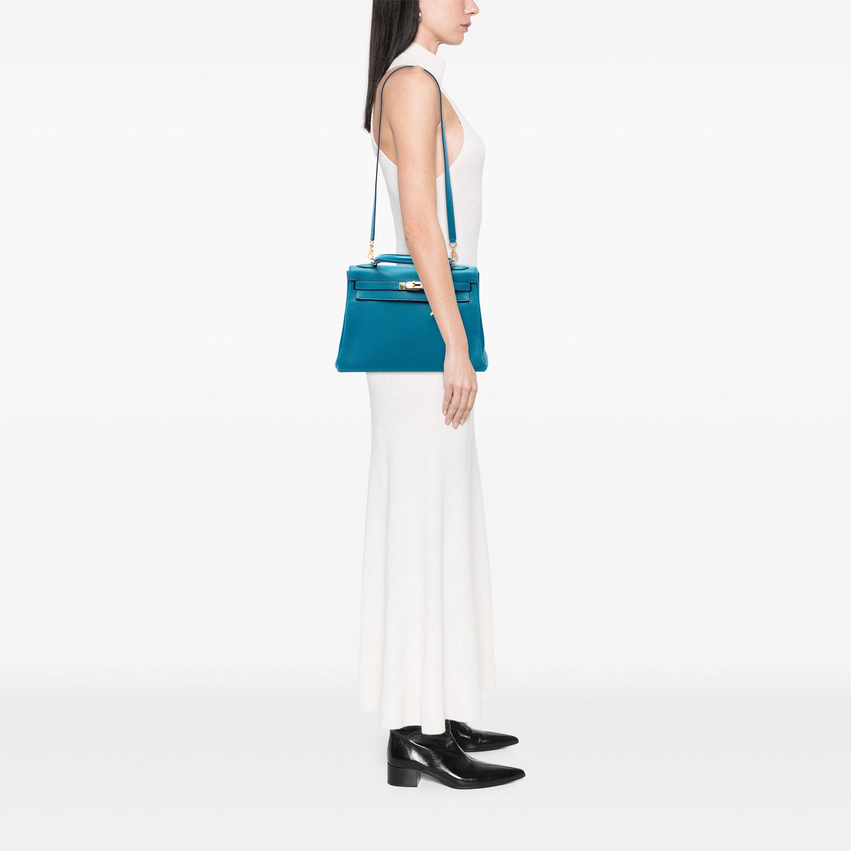 Kelly Handbag Blue Clemence with Gold Hardware 32