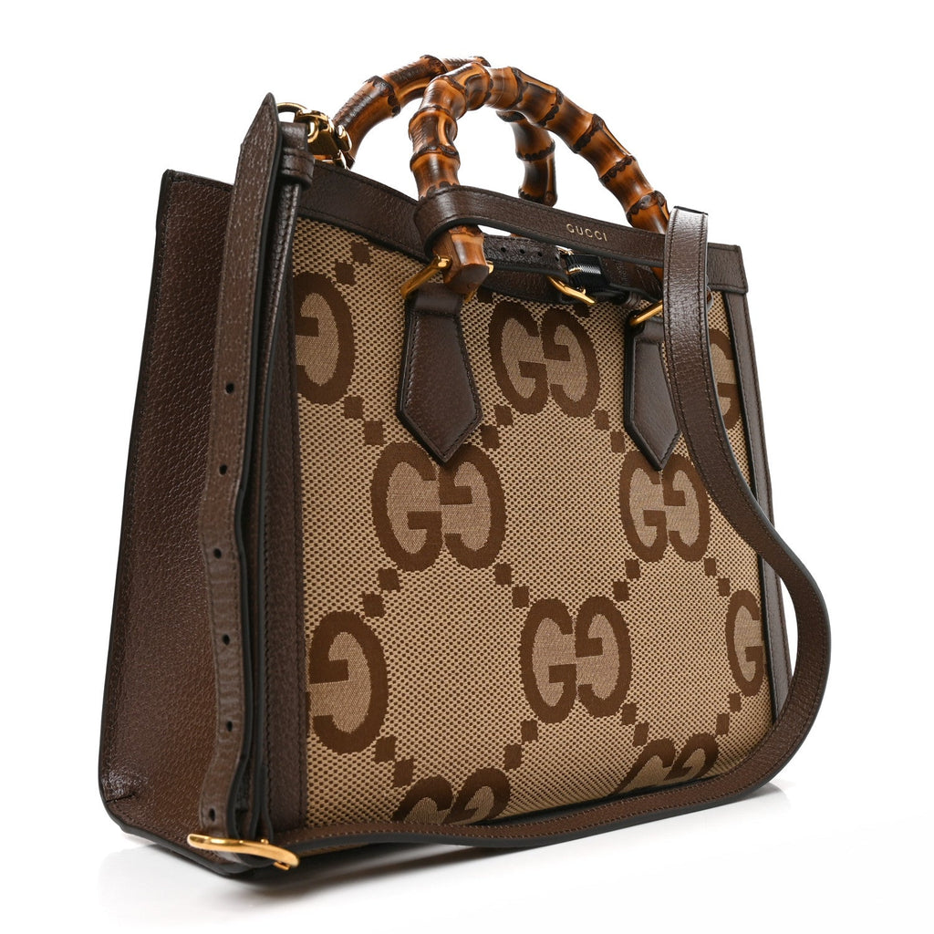 Monogram Jumbo GG Textured Dollar Calfskin Small Diana Tote Bag Camel Ebony New Acero