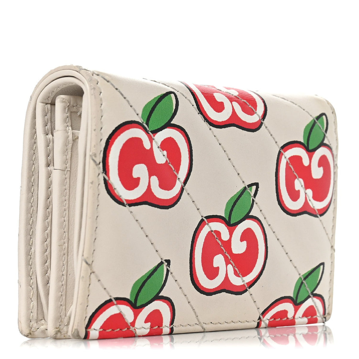 Calfskin Matelasse Diagonal GG Apple GG Marmont Card Case Wallet Ivory