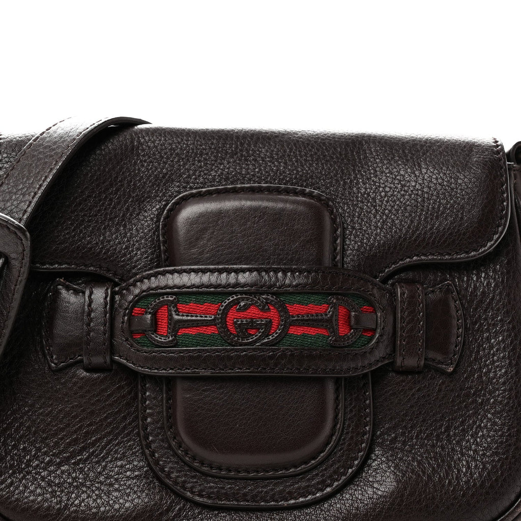 Pebbled Calfskin Web Small Dressage Shoulder Bag Dark Brown