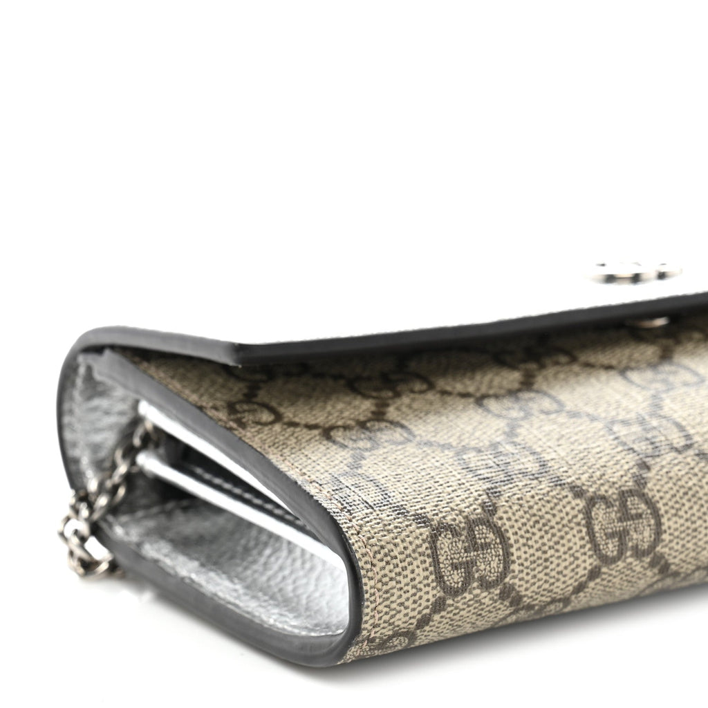 Metallic Calfskin GG Supreme Monogram Petite GG Marmont Wallet Chain Bag Silver Beige Ebony