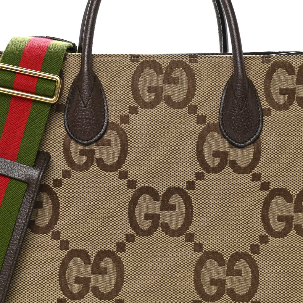 Monogram Jumbo GG Textured Dollar Calfskin Web Small Tote Bag Camel Ebony New Acero