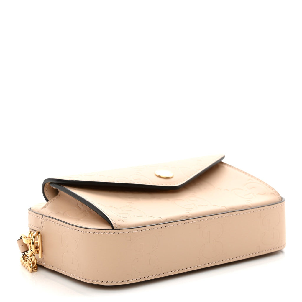 Calfskin GG Super Mini Debossed Chain Wallet Light Beige