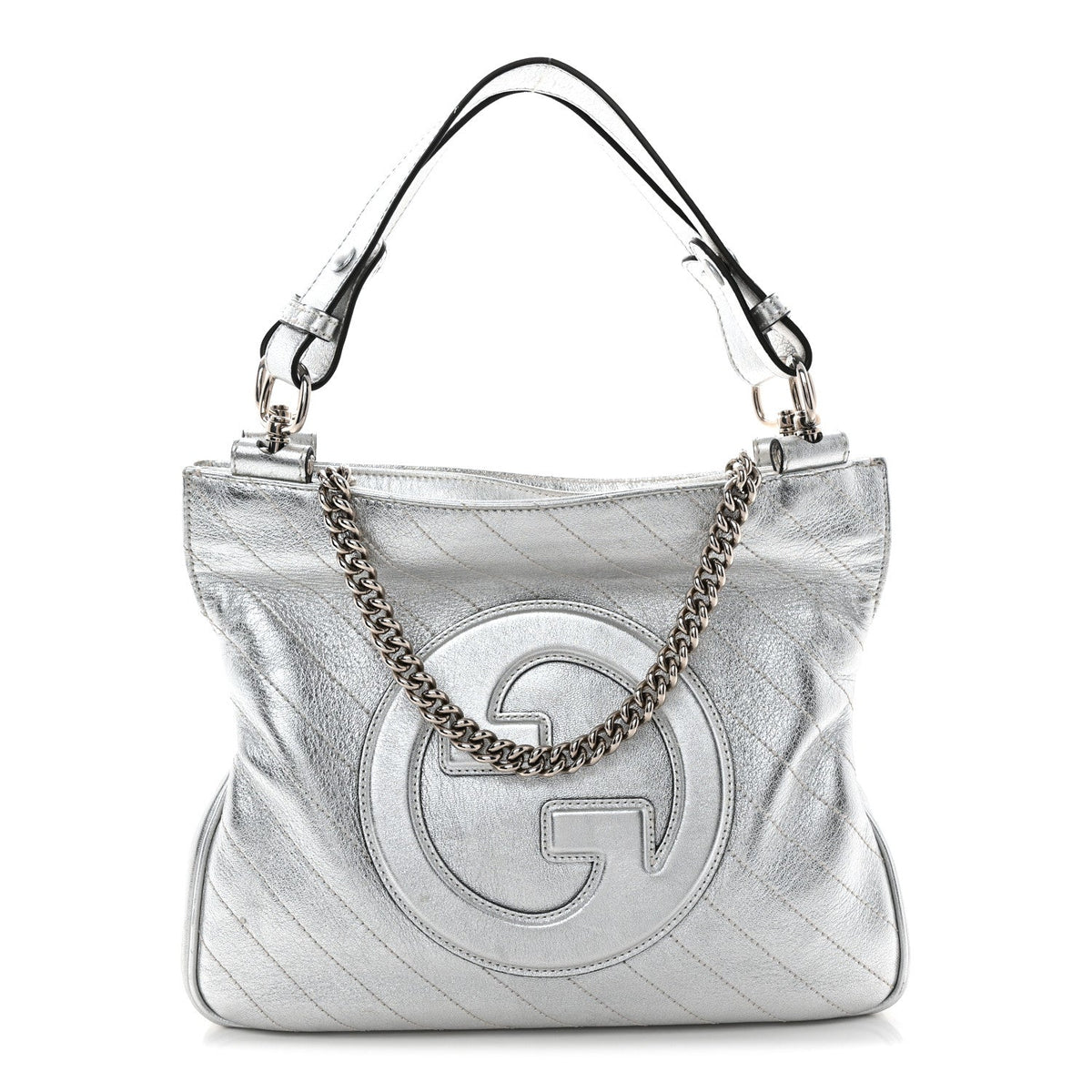 Sakai Be Green Calfskin Diagonal Stitched Small Blondie Tote Silver