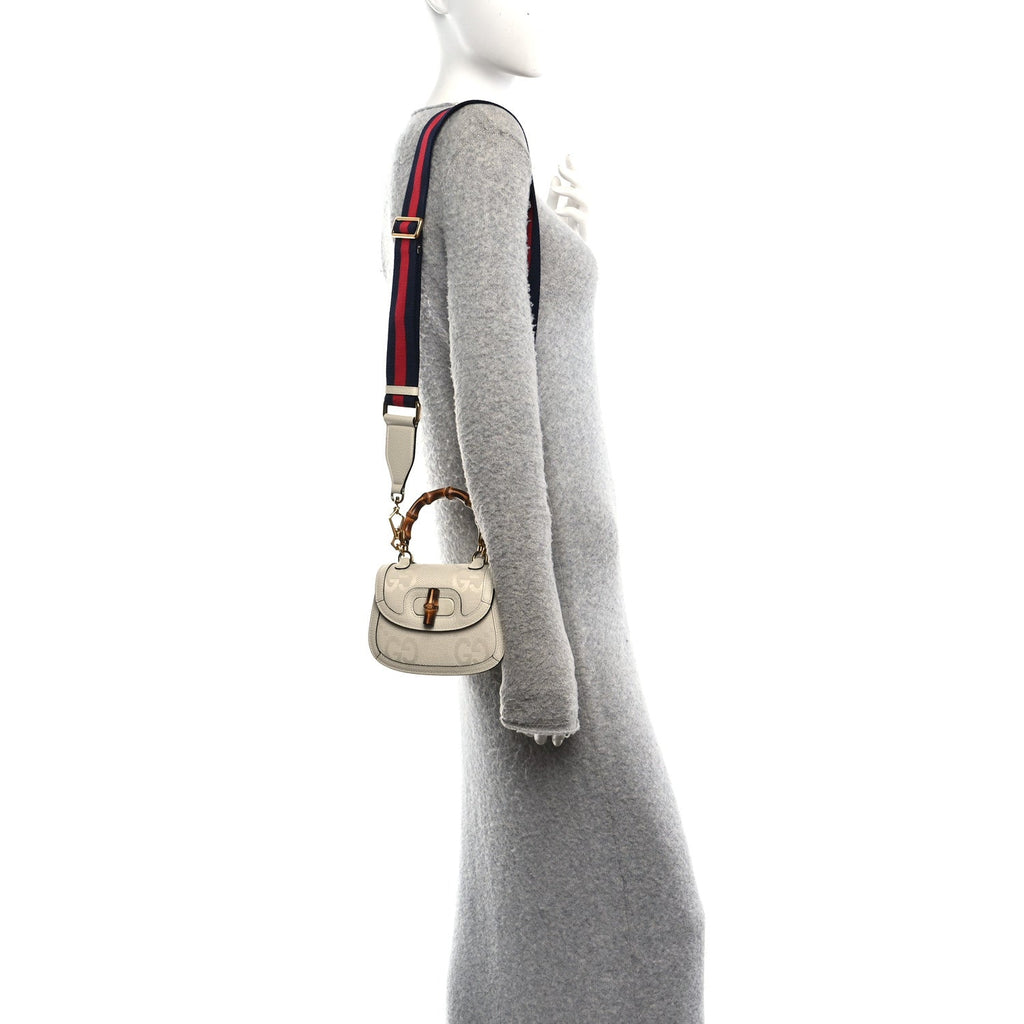 Monogram Jumbo GG Textured Dollar Calfskin Web Mini Bamboo 1947 Top Handle Bag Off White