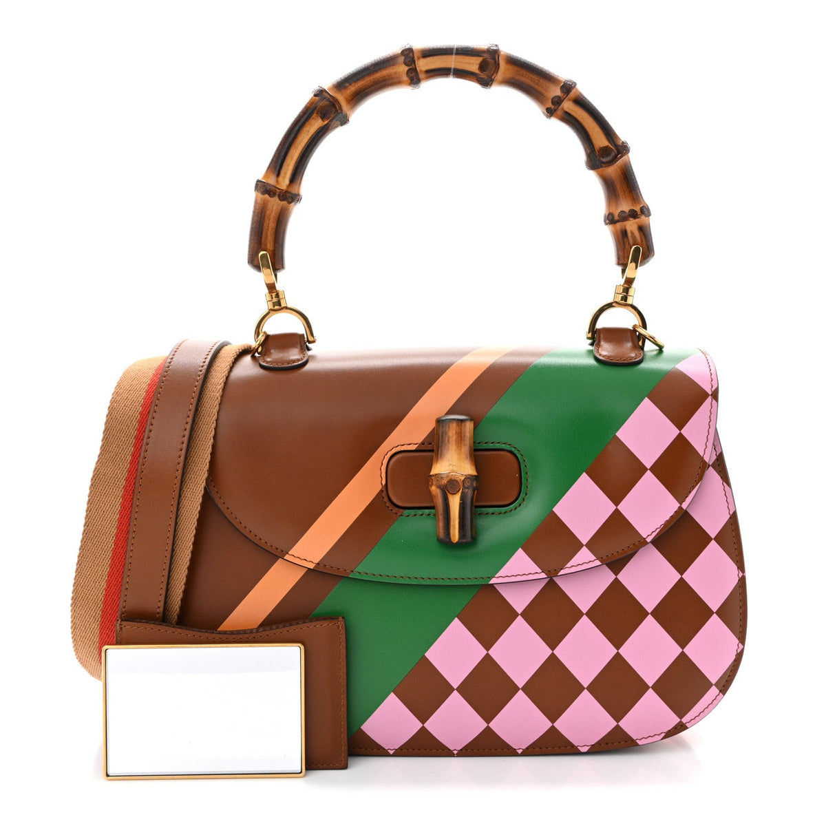 Calfskin Geometric Print Medium Bamboo 1947 Top Handle Bag Brown