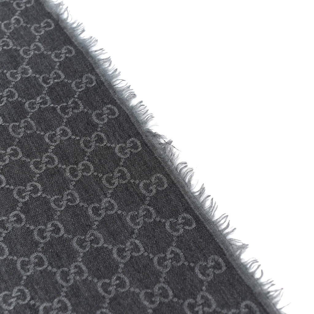 Wool Silk Monogram GGWeb Fringe Shawl Grey