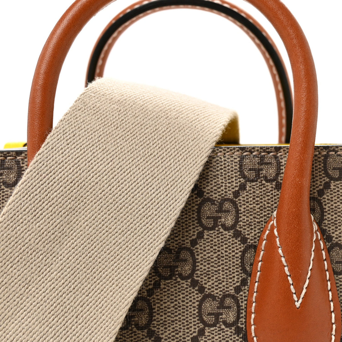 GG Supreme Monogram Textured Dollar Calfskin Heart Interlocking G Mini Vertical Tote Beige Ebony Harness Brown Yellow