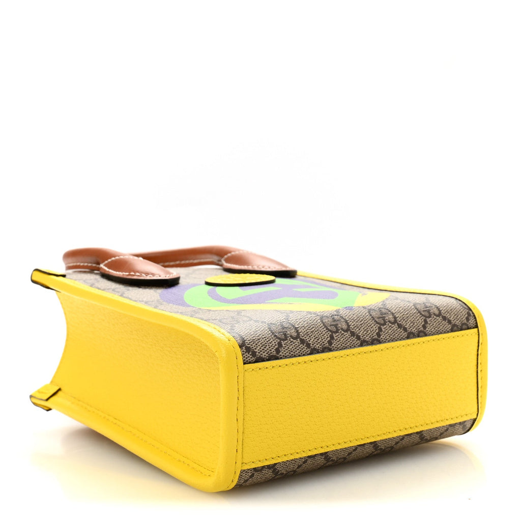 GG Supreme Monogram Textured Dollar Calfskin Heart Interlocking G Mini Vertical Tote Beige Ebony Harness Brown Yellow