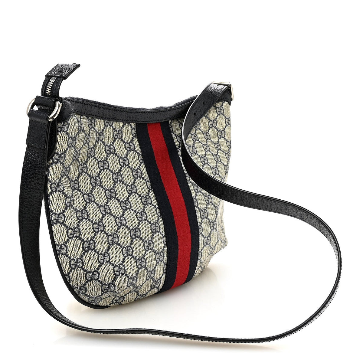 GG Supreme Monogram Textured Dollar Calfskin Web Small Ophidia Half Moon Hobo Beige Blue