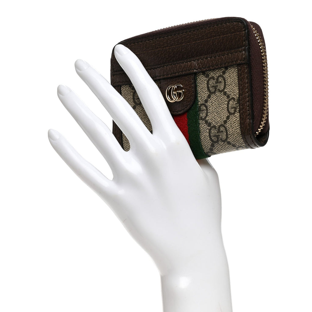 GG Supreme Monogram Textured Dollar Calfskin Web Ophidia Zip Around Card Case Wallet Beige Ebony New Acero