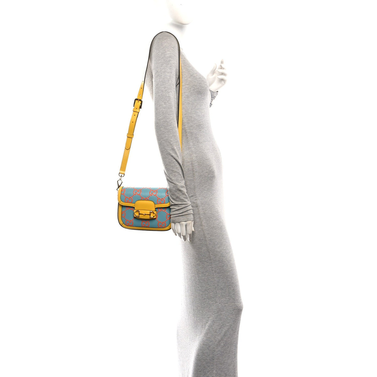 Azalea Calfskin GG Monogram Bi-Color Debossed Horsebit 1955 Shoulder Bag Dusty Azure Stone Topaz Deep Orange