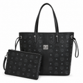 MCM Liz Visetos Tote Bag – Black Monogram, Large Capacity, Detachable Pouch, Adjustable Drawstring