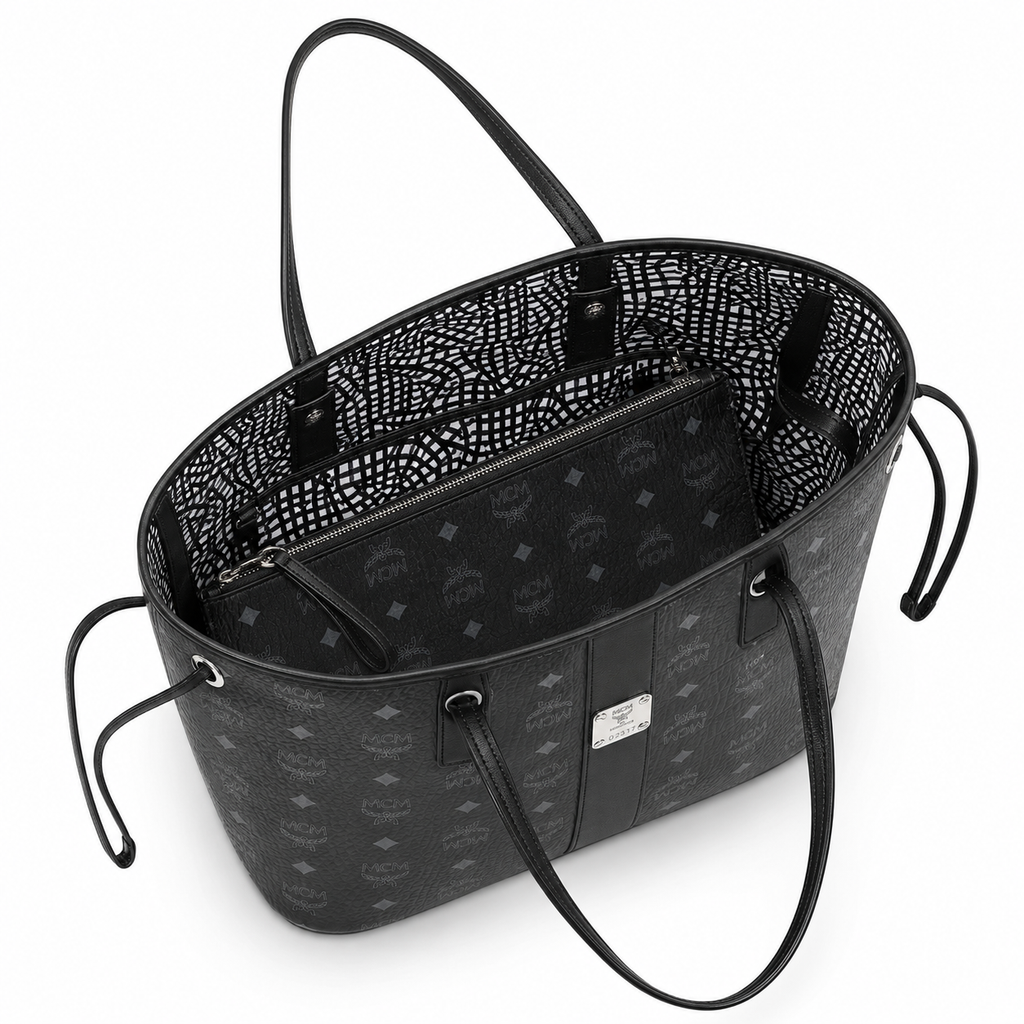 MCM Liz Visetos Tote Bag – Black Monogram, Large Capacity, Detachable Pouch, Adjustable Drawstring