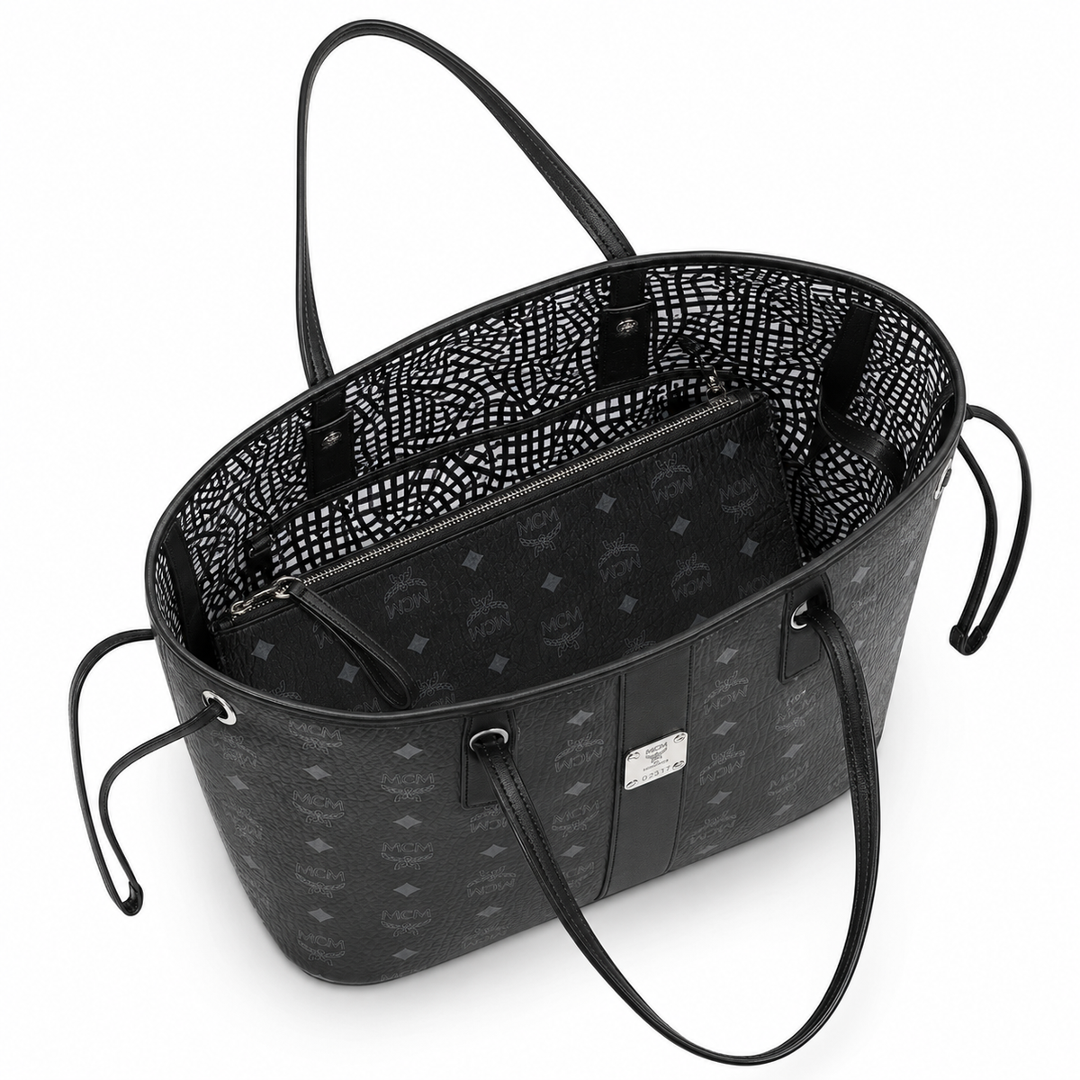 MCM Liz Visetos Tote Bag – Black Monogram, Large Capacity, Detachable Pouch, Adjustable Drawstring