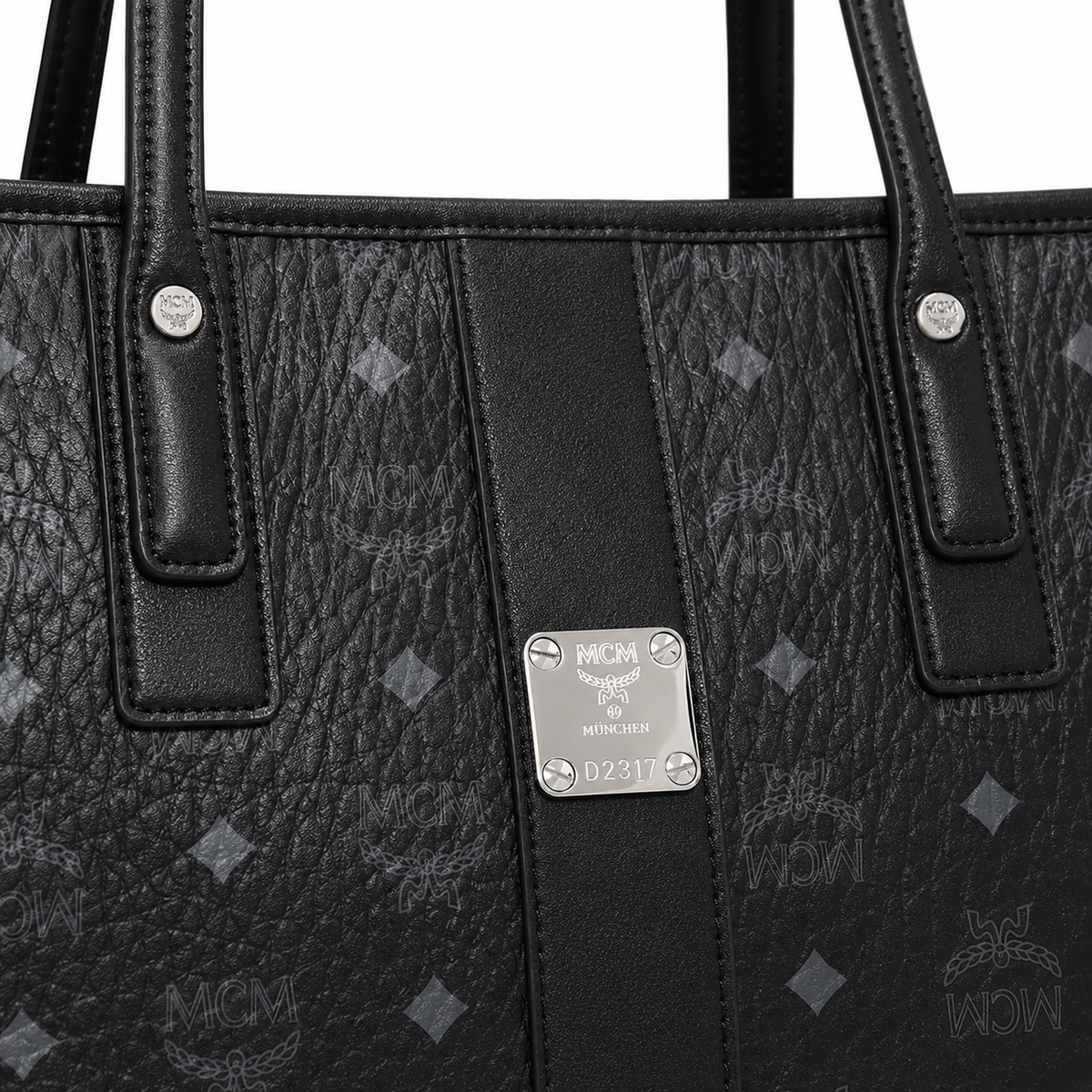 MCM Liz Visetos Tote Bag – Black Monogram, Large Capacity, Detachable Pouch, Adjustable Drawstring