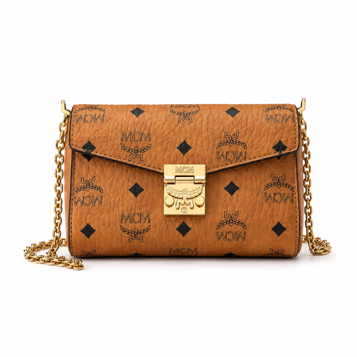 MCM Tracy Visetos Chain Envelope Bag – Cognac Monogram, Gold Lock, Mini Crossbody
