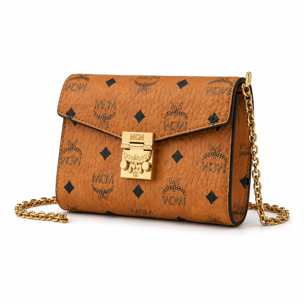 MCM Tracy Visetos Chain Envelope Bag – Cognac Monogram, Gold Lock, Mini Crossbody