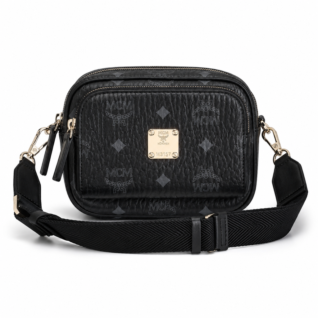 MCM Klassik Visetos Mini Camera Bag – Black Monogram, Adjustable Strap, Unisex Crossbody