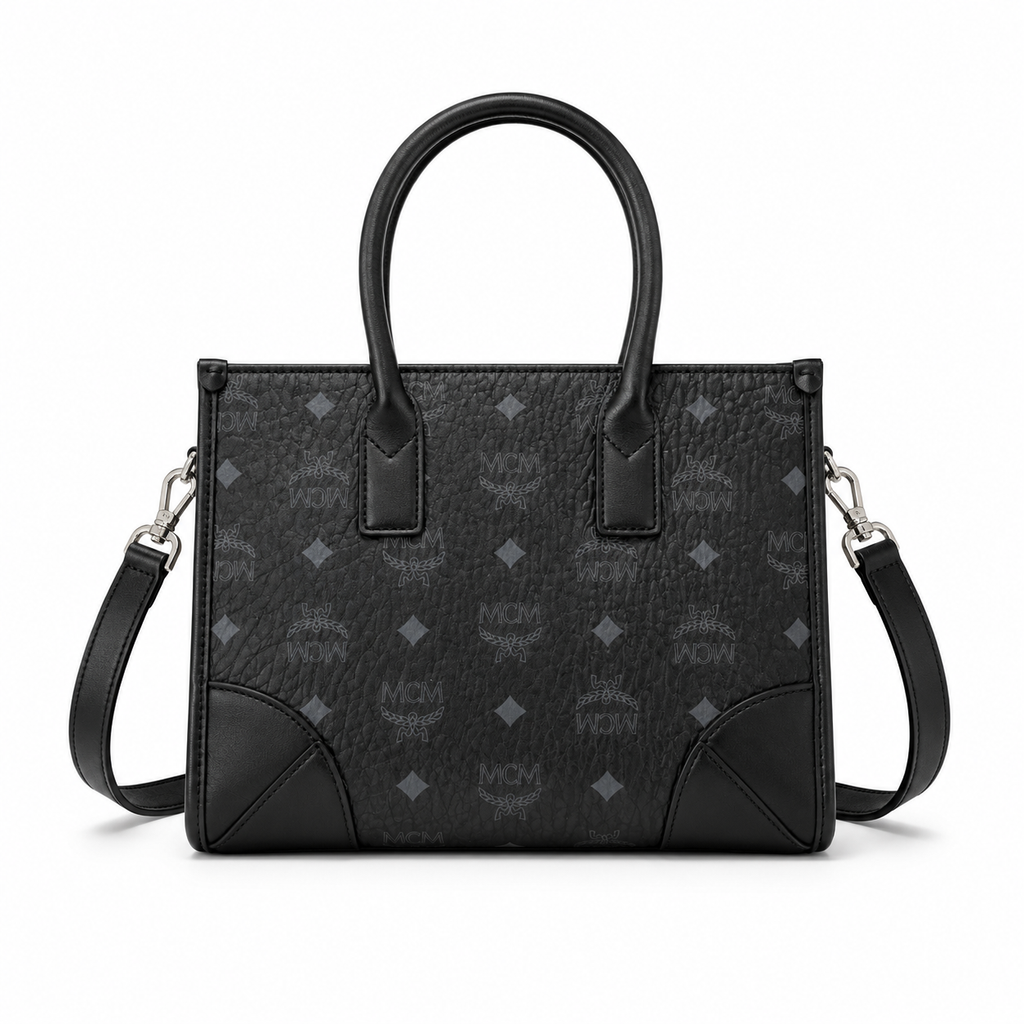 MCM München Visetos Small Tote Bag – Black Monogram, Leather Corners, 3-Way Wear