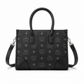 MCM München Visetos Small Tote Bag – Black Monogram, Leather Corners, 3-Way Wear