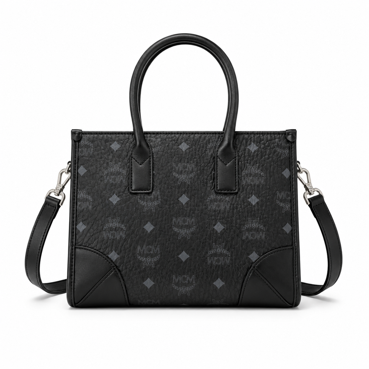 MCM München Visetos Small Tote Bag – Black Monogram, Leather Corners, 3-Way Wear