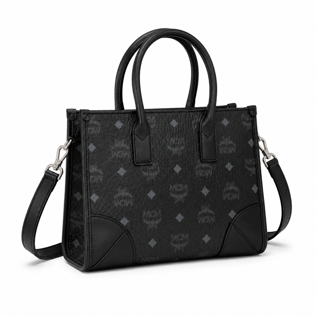 MCM München Visetos Small Tote Bag – Black Monogram, Leather Corners, 3-Way Wear