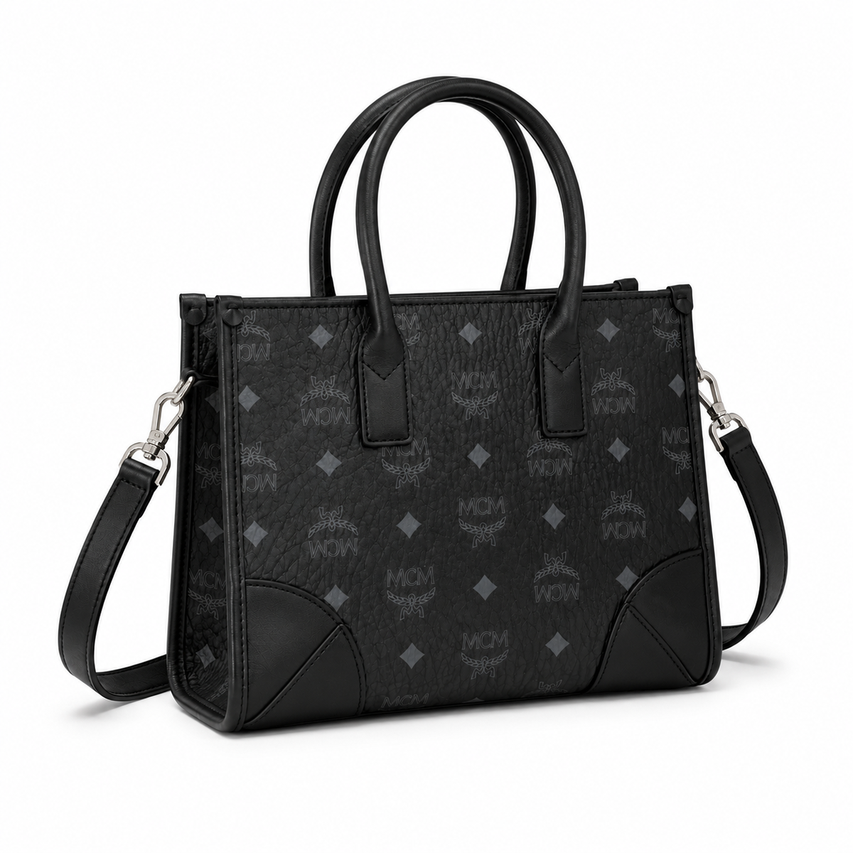 MCM München Visetos Small Tote Bag – Black Monogram, Leather Corners, 3-Way Wear