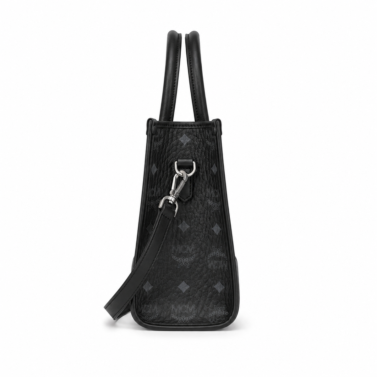 MCM München Visetos Small Tote Bag – Black Monogram, Leather Corners, 3-Way Wear