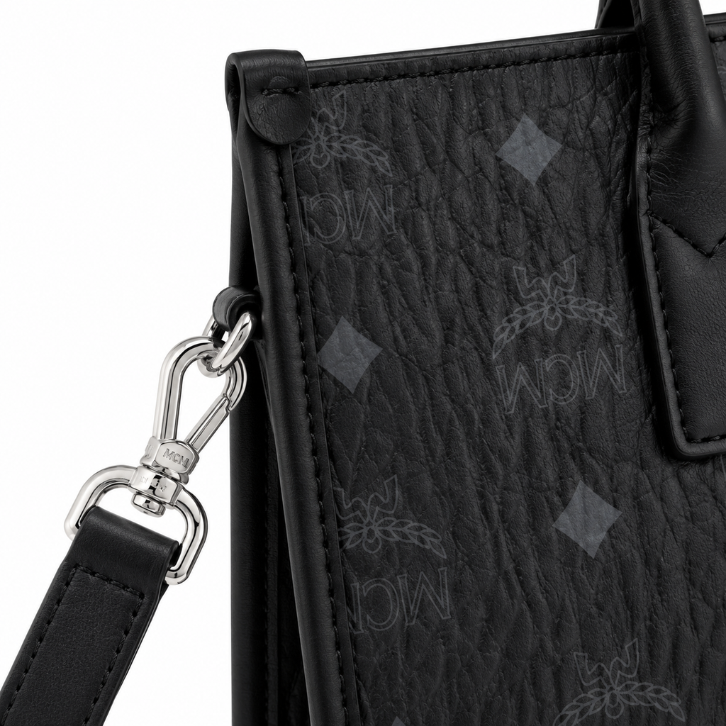 MCM München Visetos Small Tote Bag – Black Monogram, Leather Corners, 3-Way Wear