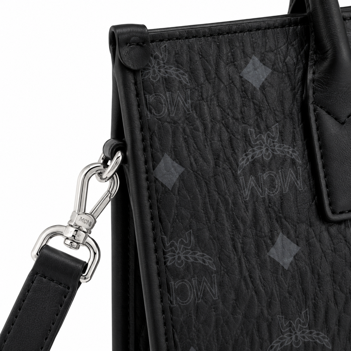 MCM München Visetos Small Tote Bag – Black Monogram, Leather Corners, 3-Way Wear