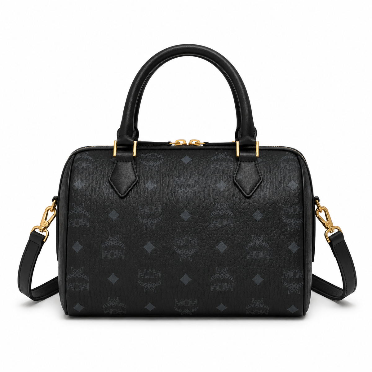 MCM Ella Boston Visetos Small Bag – Black Monogram, Gold Padlock, 3-Way Wear